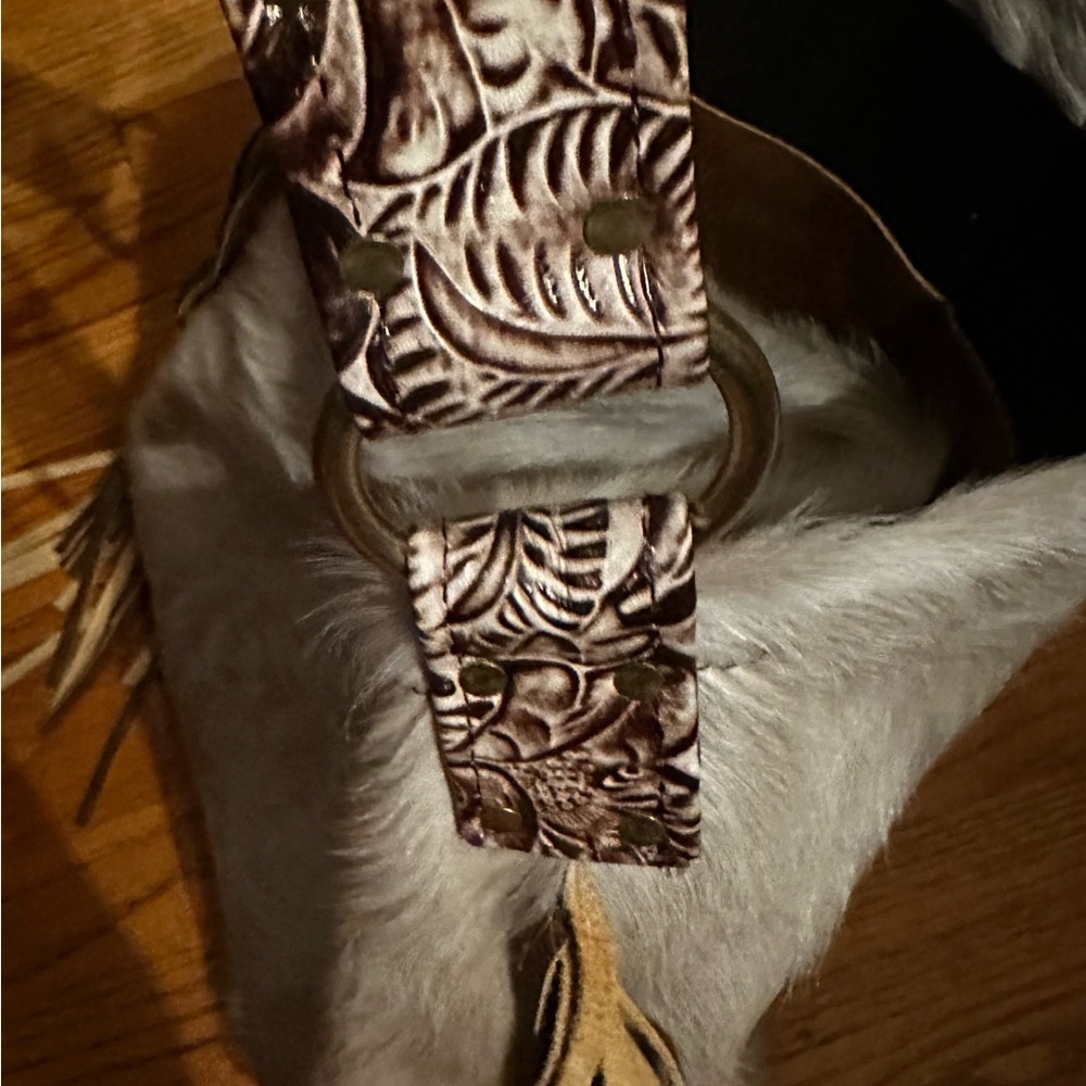 Wild Goose company cowhide and leather shoulder Bucket bag tote w Fringe - Picture 6 of 10